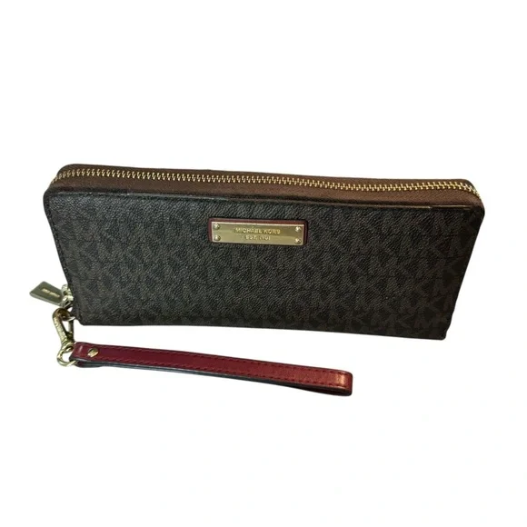 Michale Kors Signature Monogram Jet Set Leather Brown Burgundy Wristlet Wallet - Picture 3 of 5